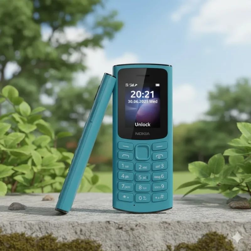 A Cyan blue Nokia 105 (2021) feature phone standing upright on a stone ledge in a park, illuminated by morning sunlight with a soft, blurred green nature background.